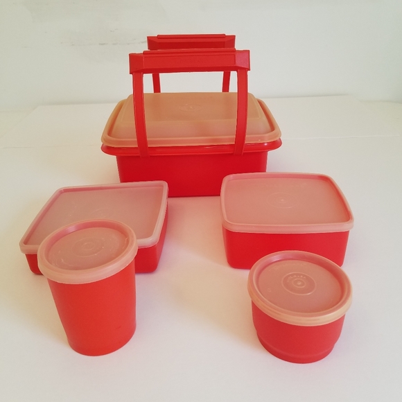 Vintage Tupperware Set 5 Containers 5 Lids Pack n Carry Red Lunch Box - Picture 1 of 14